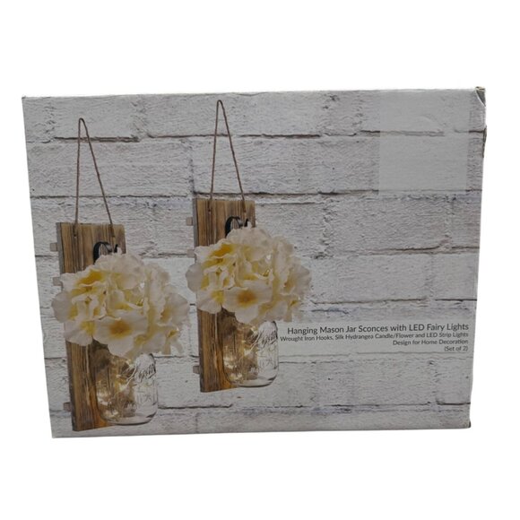 Hanging Mason Jar Sconces Set LED Fairy Lights Silk Hydrangea Flowers Decor READ - Picture 1 of 9